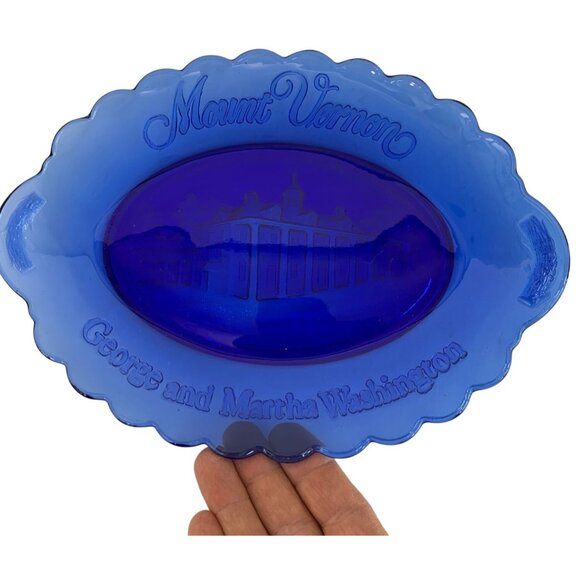 VTG Avon Blue Glass Mount Vernon George & Martha Washington Oval Plate 7400 - Picture 4 of 8
